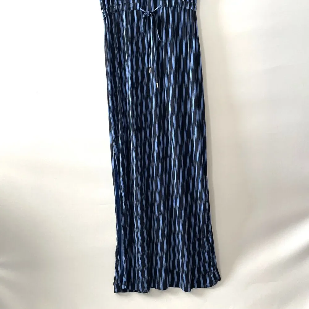 Michael Kors Maxi Dress Blue Black Scoop Neck Short Sleeve Size XL -(C)